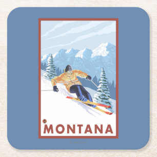 Downhhill Snow Skier - Montana Square Paper Coaster