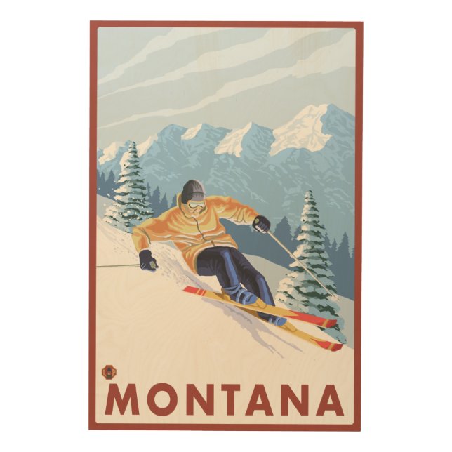 Downhhill Snow Skier - Montana Wood Wall Art (Front)