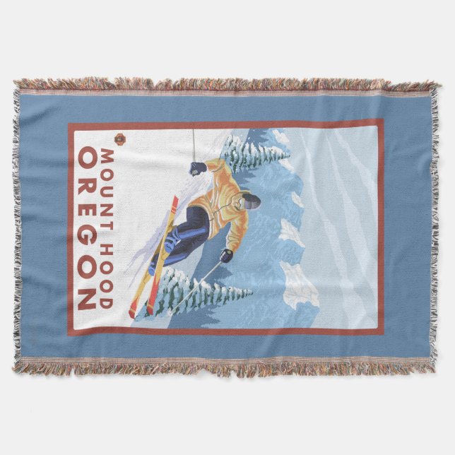 Downhhill Snow Skier - Mount Hood, Oregon Throw Blanket (Front)