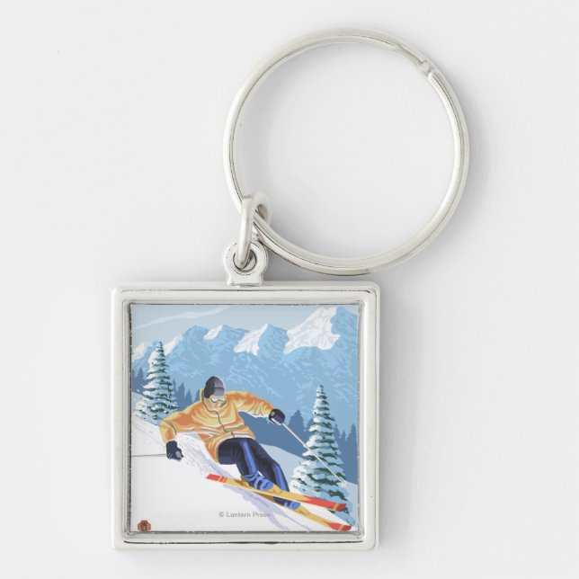 Downhhill Snow Skier - Mount Spokane, Keychain (Front)