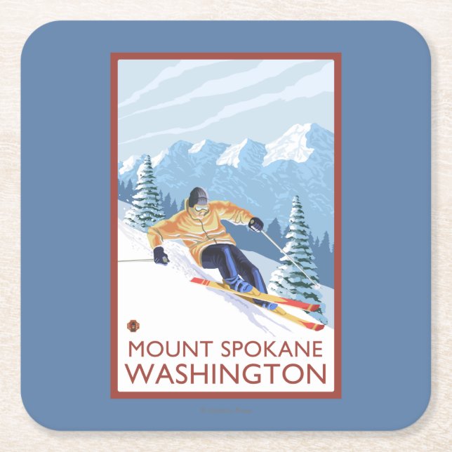 Downhhill Snow Skier - Mount Spokane, Square Paper Coaster (Front)