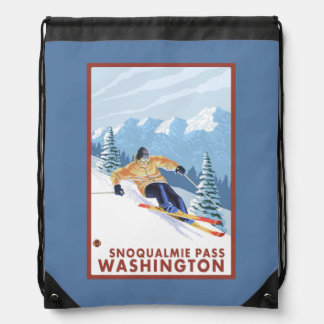 Downhhill Snow Skier - Snoqualmie Pass, WA Drawstring Bag