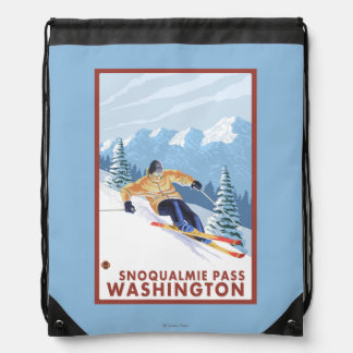Downhhill Snow Skier - Snoqualmie Pass, WA Drawstring Bag