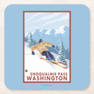 Downhhill Snow Skier - Snoqualmie Pass, WA Square Paper Coaster