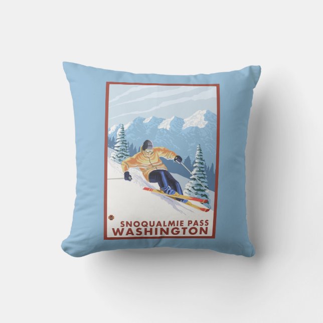 Downhhill Snow Skier - Snoqualmie Pass, WA Throw Pillow (Front)