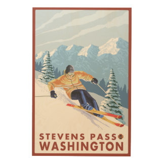 Downhhill Snow Skier - Stevens Pass, Wood Wall Art