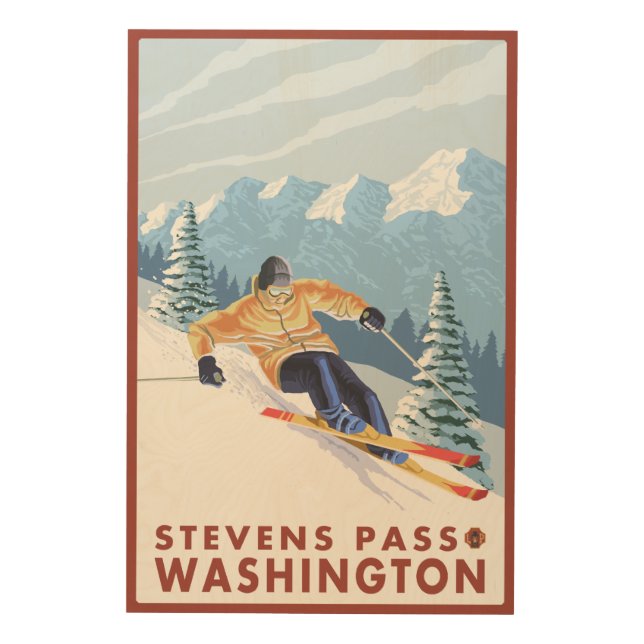 Downhhill Snow Skier - Stevens Pass, Wood Wall Art (Front)