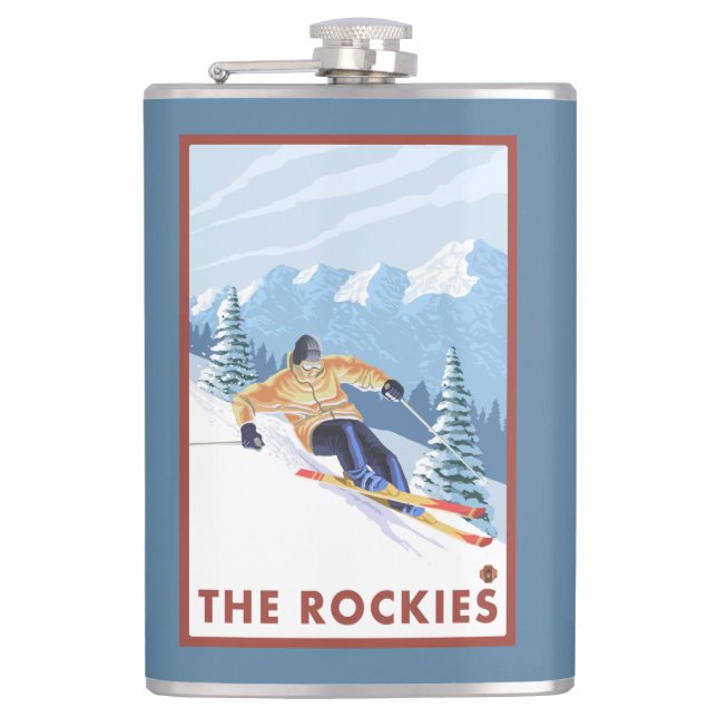 Downhhill Snow Skier - The Rockies Flask (Front)