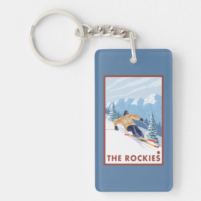 Downhhill Snow Skier - The Rockies Keychain (Front)