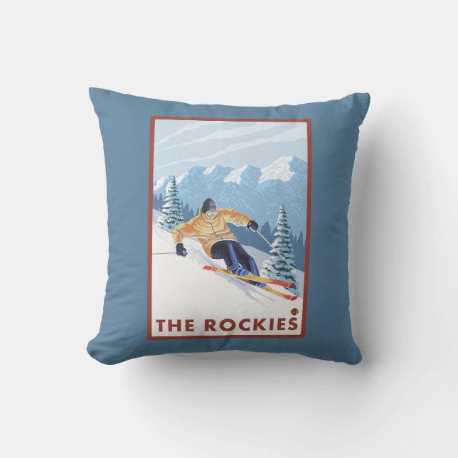 Downhhill Snow Skier - The Rockies Throw Pillow (Front)