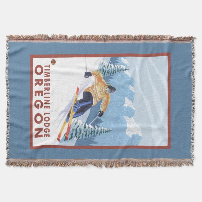 Downhhill Snow Skier - Timberline Lodge, Oregon Throw Blanket (Front)