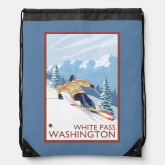 Downhhill Snow Skier - White Pass, Washington Drawstring Bag