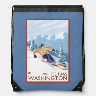 Downhhill Snow Skier - White Pass, Washington Drawstring Bag