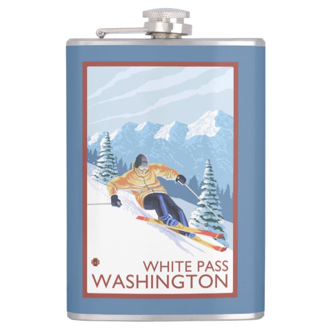 Downhhill Snow Skier - White Pass, Washington Hip Flask (Front)