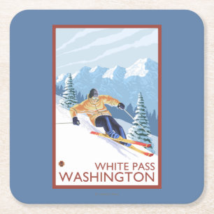 Downhhill Snow Skier - White Pass, Washington Square Paper Coaster