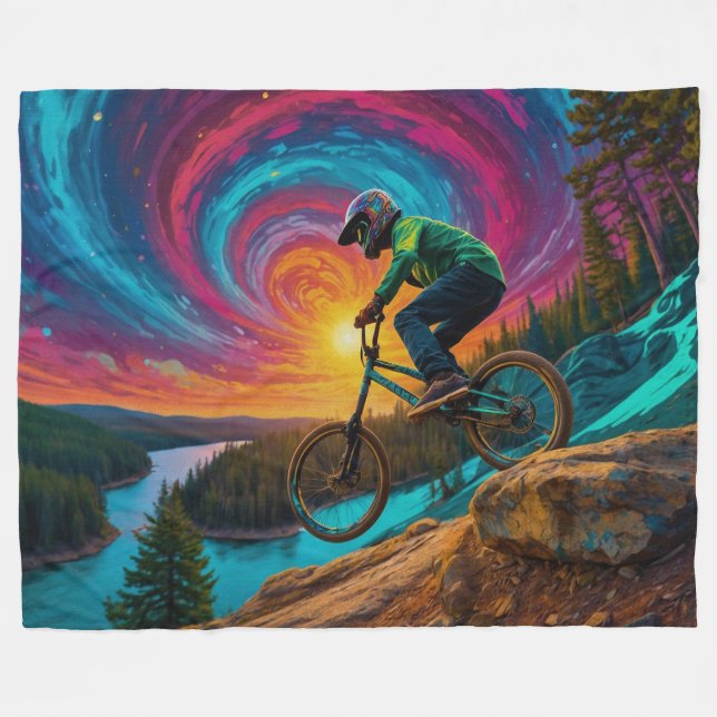 Downhill BMX Ride by a Forest Lake Fleece Blanket (Front (Horizontal))