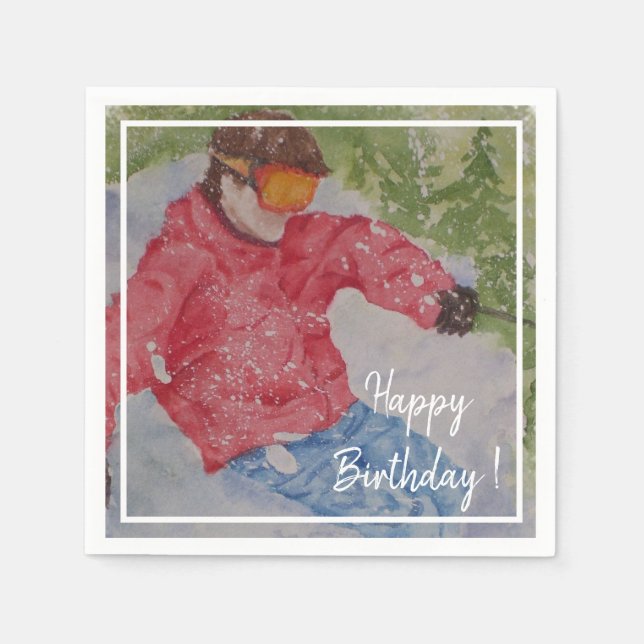 Downhill Skier Happy Birthday Party Napkins (Front)