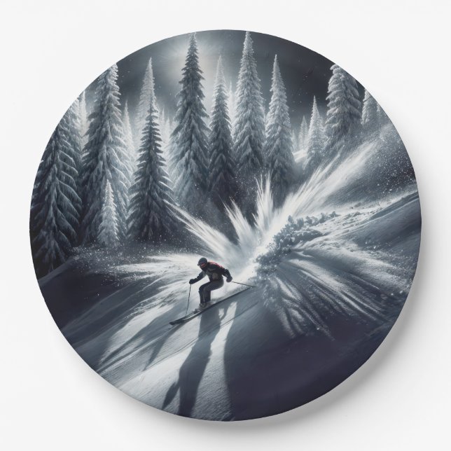 Downhill Skier In the Moonlight Paper Plates (Front)