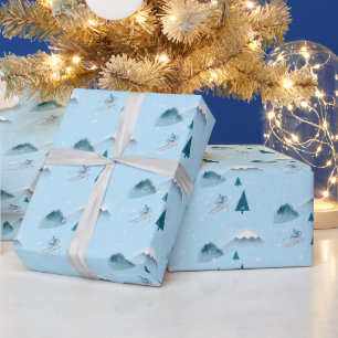 Downhill Skier On Blue with Snowflakes Wrapping Paper