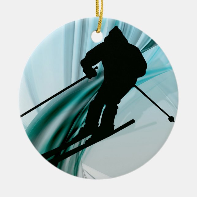 Downhill Skier on Icy Ribbons Ceramic Ornament (Front)