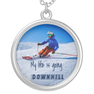 Downhill Skiing Funny Motivational Snow Ski Silver Plated Necklace