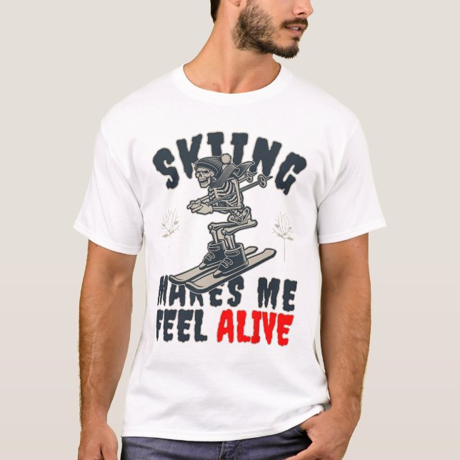 Downhill Skiing Skeleton I Feel Alive Skiing  T-Shirt (Front)