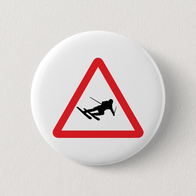 downhill skiing ski warning sign pinback button (Front)