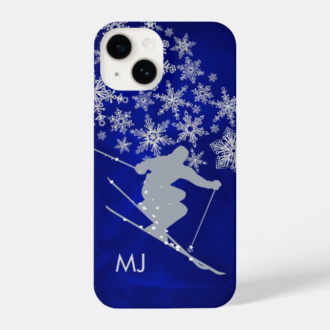 Downhill Snow Skier Blue Monogram iPhone Case (Back)