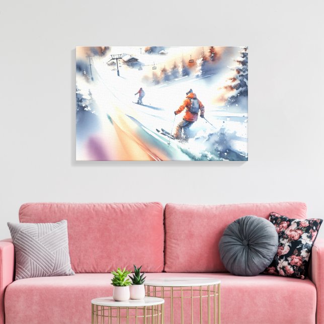 Downhill Snow Skiers In Watercolor Canvas Print (Insitu(LivingRoom))