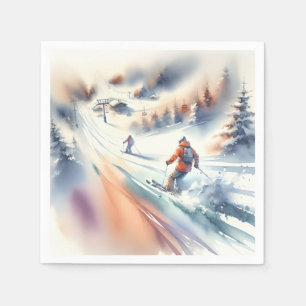 Downhill Snow Skiers In Watercolor Napkins