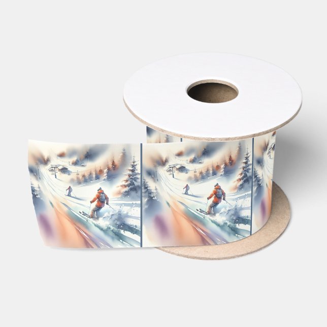 Downhill Snow Skiers In Watercolor Satin Ribbon (Spool)
