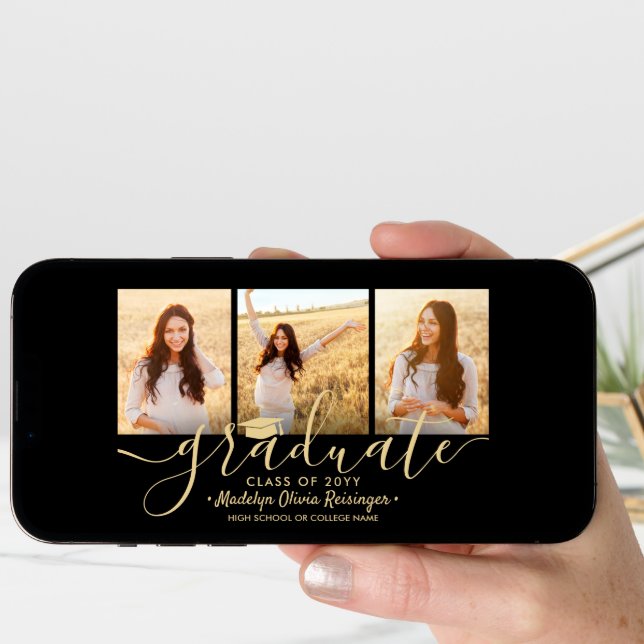 Downloadable 4 Photo Black and Gold Graduation  Announcement (Front Digital)
