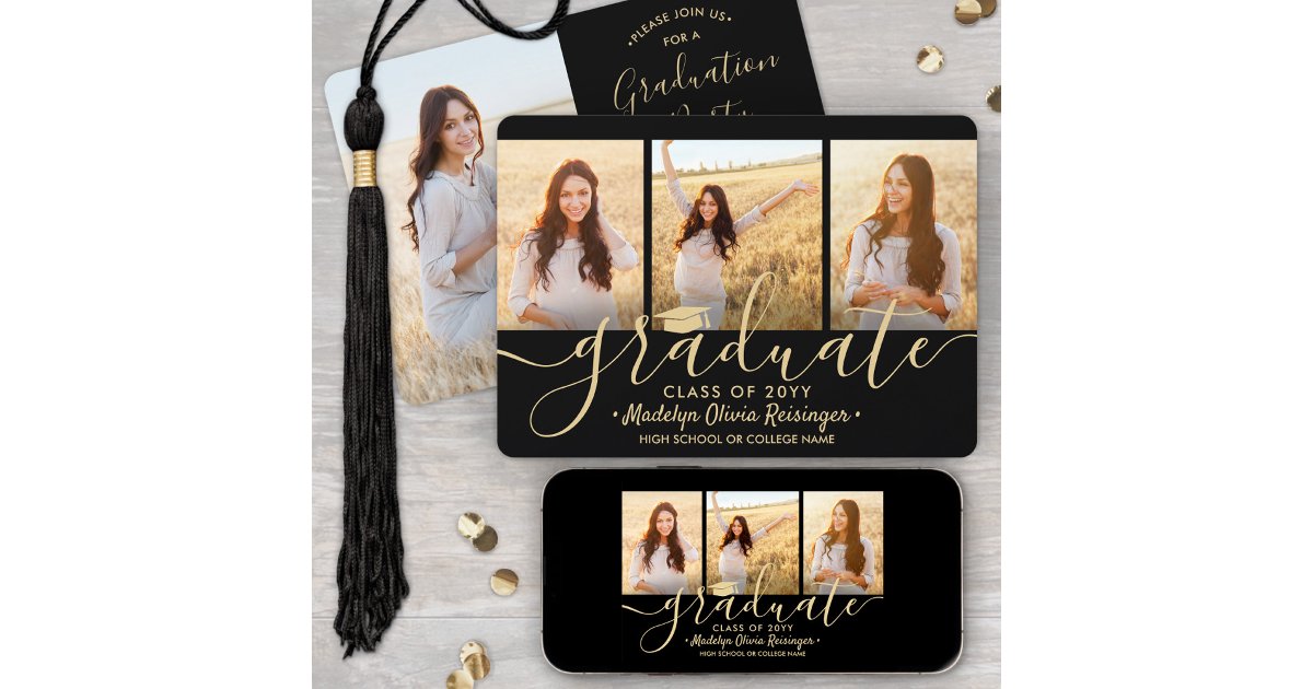Downloadable 4 Photo Black & Gold Graduation Party Invitation | Zazzle