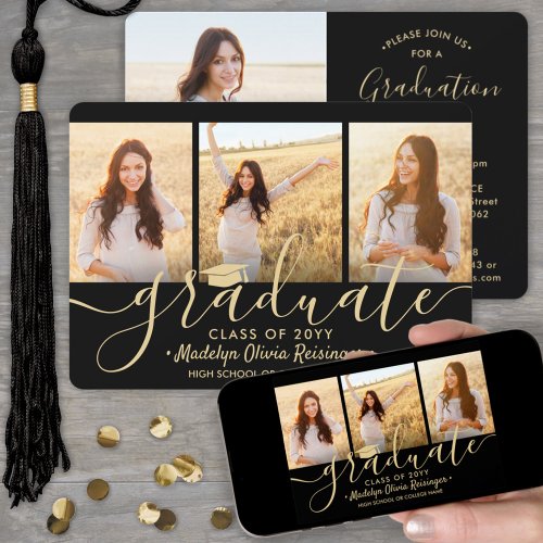 Downloadable 4 Photo Black  Gold Graduation Party Invitation