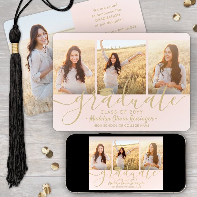 Downloadable 4 Photo Graduation Blush Pink & Gold Announcement (Creator Uploaded)