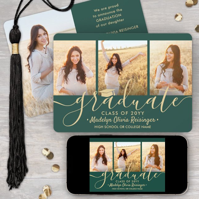 Downloadable 4 Photo Graduation Green and Gold Announcement (Creator Uploaded)