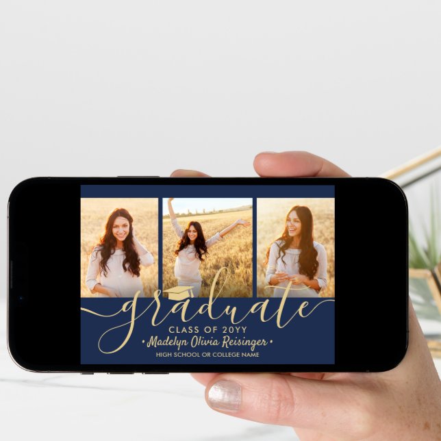 Downloadable 4 Photo Graduation Navy Blue & Gold Announcement (Front Digital)