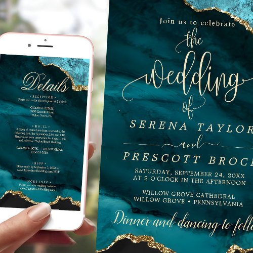 Downloadable Blue Emerald Gold Wedding Invitation