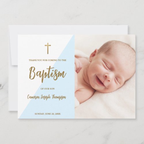 Downloadable Blue Gold Custom Modern Baby Baptism Invitation