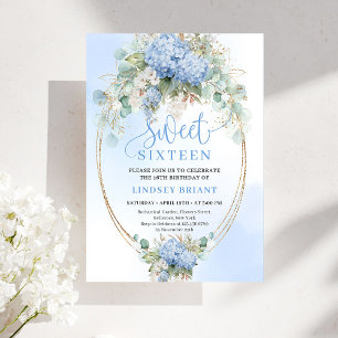 Downloadable Blue Hydrangea Gold Sweet 16 Birthday Invitation