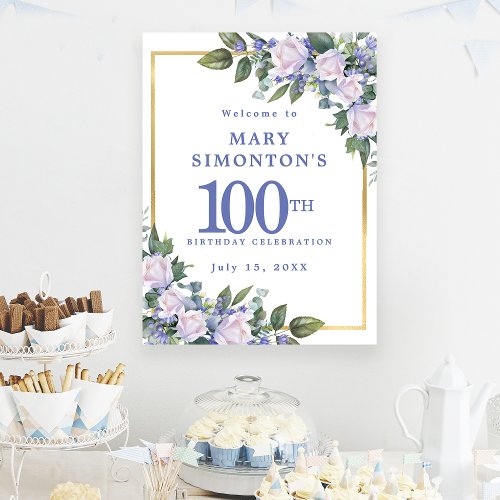 Downloadable Blue White Floral 100th Birthday Poster