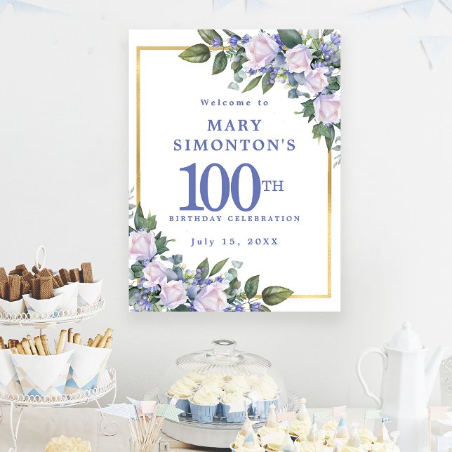 Downloadable Blue White Floral 100th Birthday Poster (Creator Uploaded)