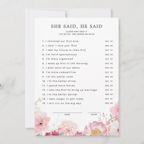 Downloadable Bridal Shower She Said He Said Card