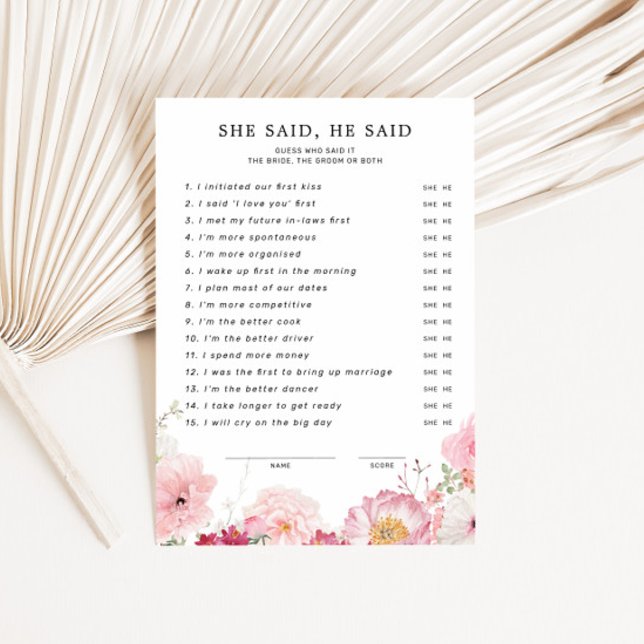 Downloadable Bridal Shower She Said He Said Card (Creator Uploaded)