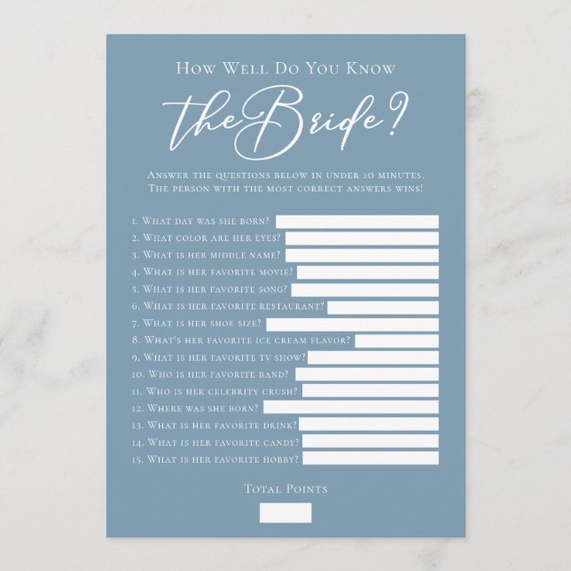 Downloadable Chic Blue Bridal Shower Trivia Game Card (Front)