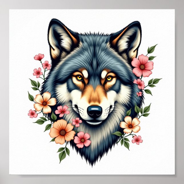 Downloadable Floral Wolf Vintage Wall Art (Front)