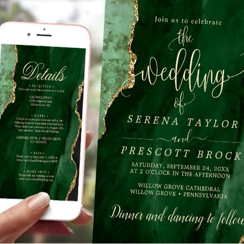 Downloadable Green Emerald Gold Wedding Invitation