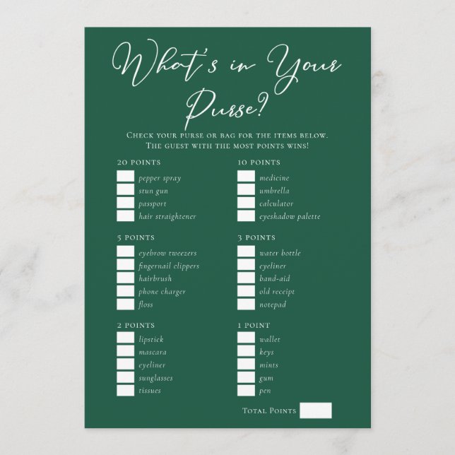Downloadable Green Purse Bridal Shower Game Card (Front)
