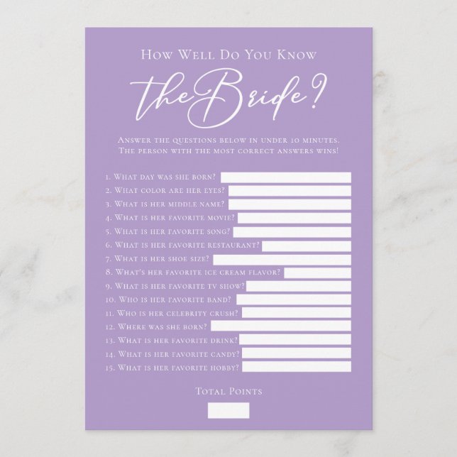 Downloadable Lilac Purple Bride Facts Shower Game Card (Front)