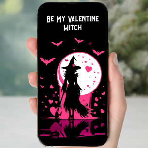 Downloadable, pink magical witch Valentine’s Day Holiday Card